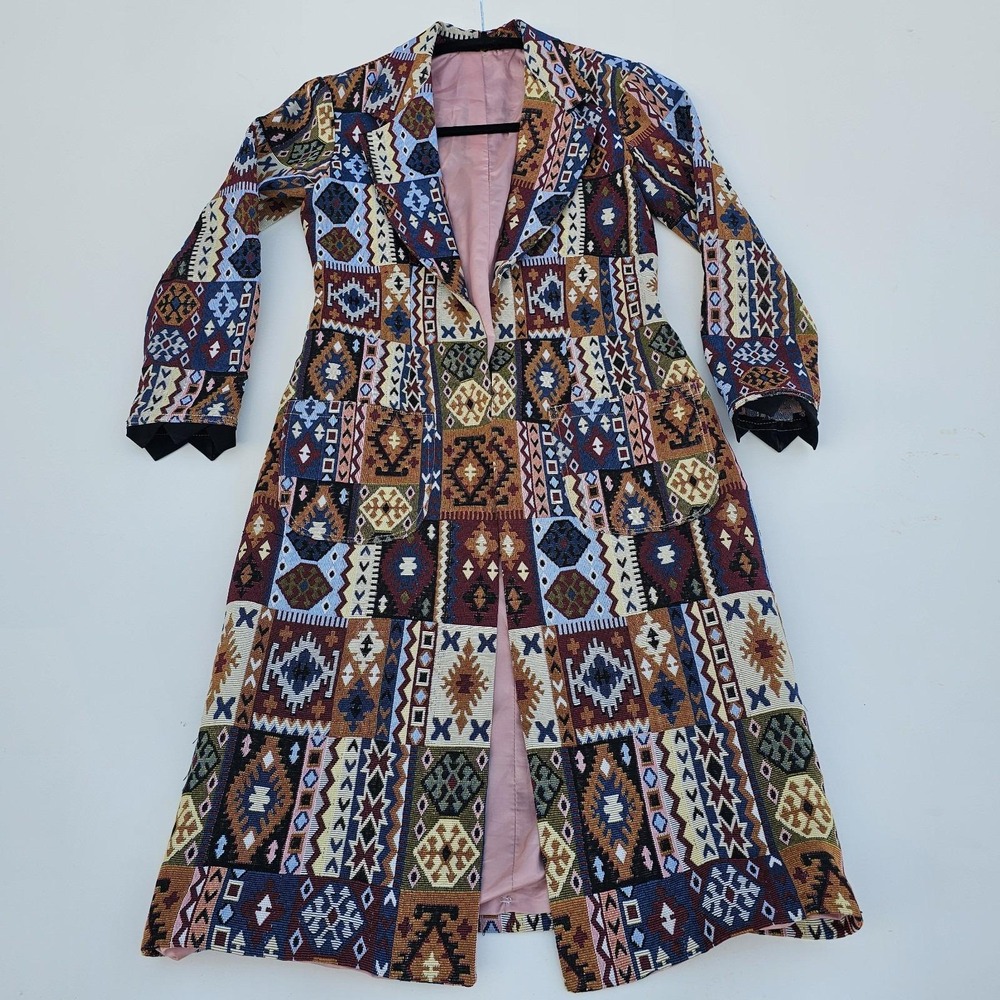 Vintage 90s Southwestern Tapestry Duster Coat Geometric Kilim Art to Wear Long